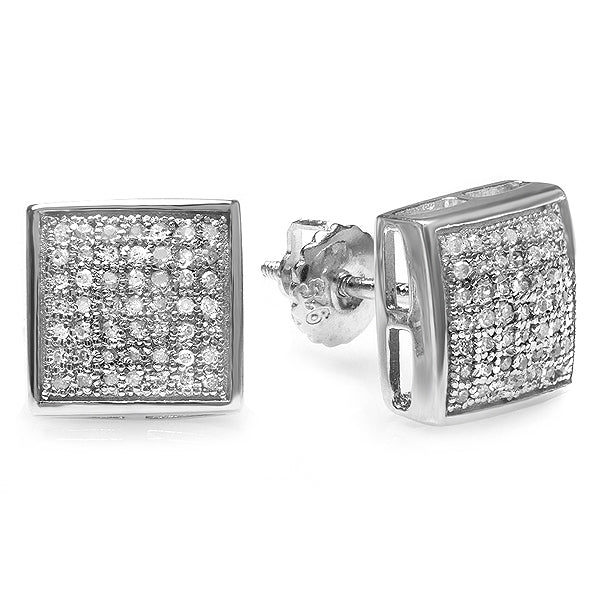 Platinum Plated Round Diamond Mens Stud Earrings in Sterling Silver, 3/4 CT