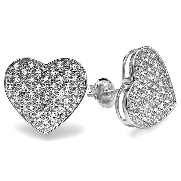 Platinum Plated Round Diamond Heart Shape Unisex Stud Earrings in Sterling Silver, 0.5 CT