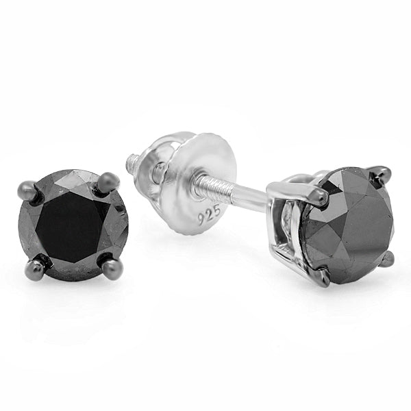 Round Cut Black Diamond Stud Earrings in Sterling Silver,1 CT