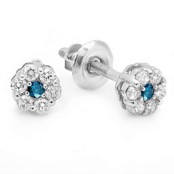 White & Blue Diamond Flower Earrings in 14K White Gold, 0.20 CT