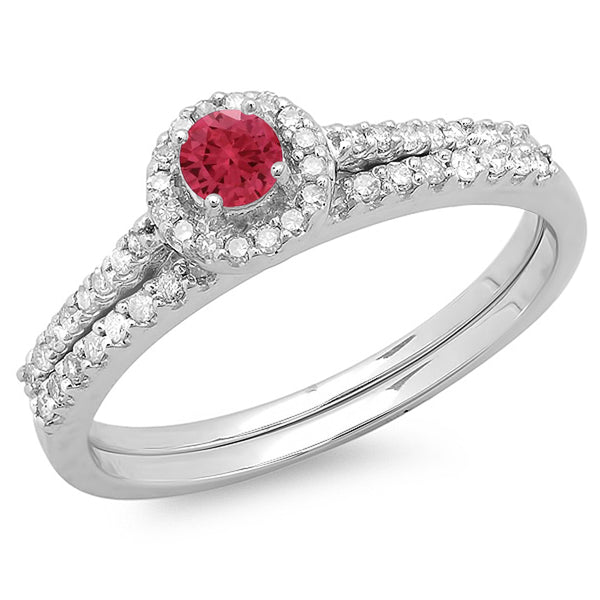Red Ruby & White Diamond Engagement Ring With Matching Band Set in 10K White Gold