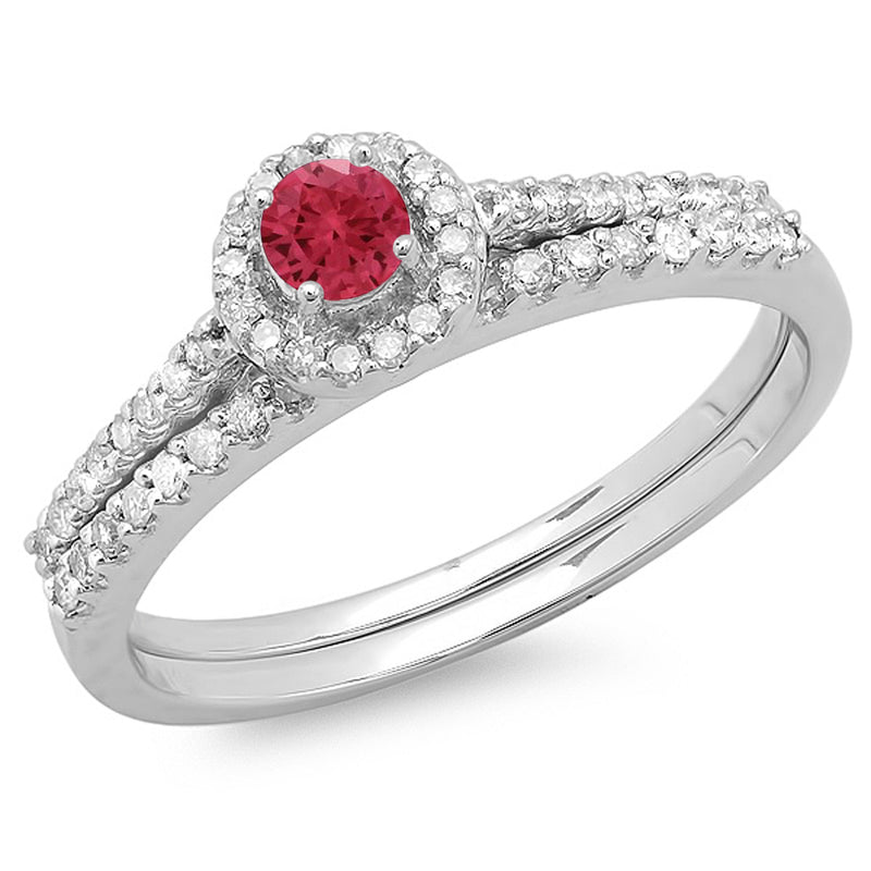 Red Ruby & White Diamond Engagement Ring With Matching Band Set in 10K White Gold