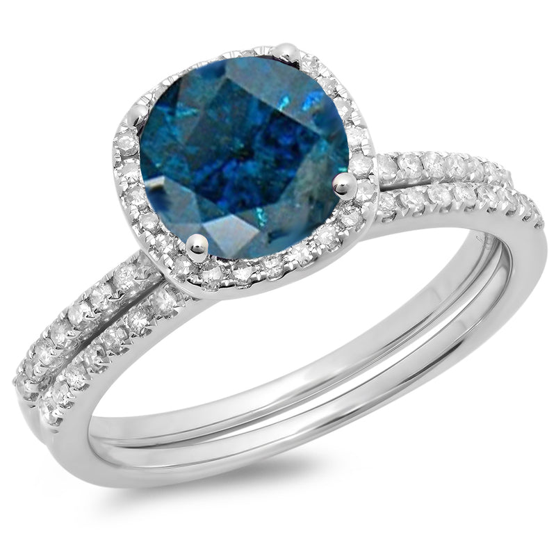 Blue & White Diamond Engagement Ring Band Set in 18K White Gold1, 3/4 CT