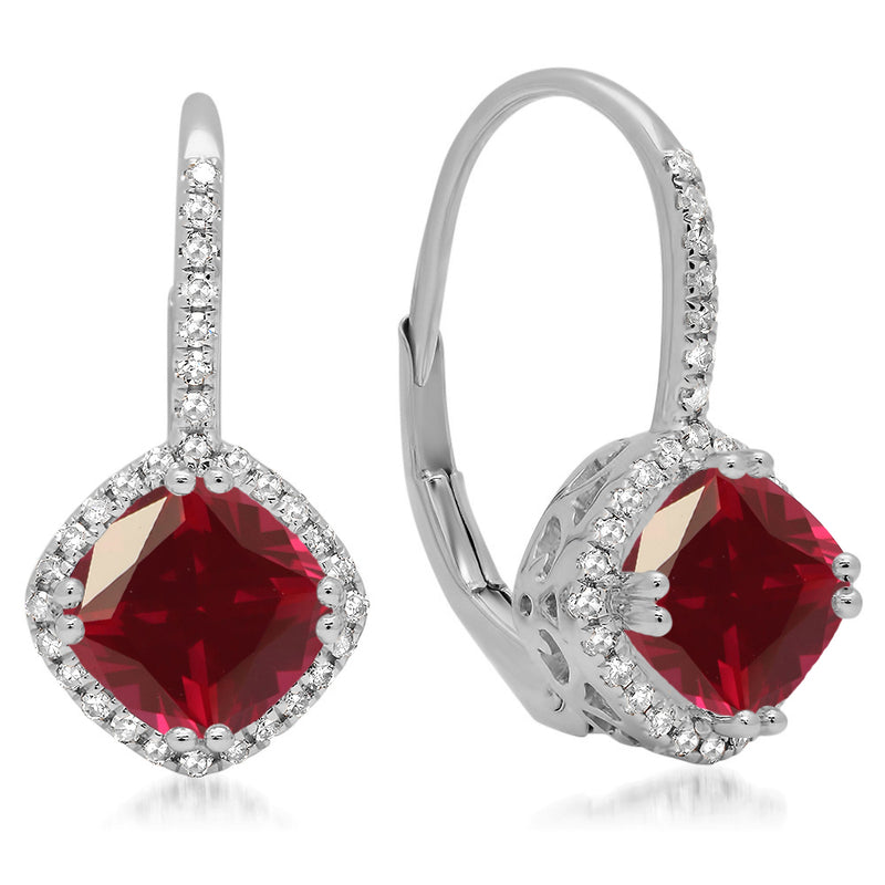 Ruby & White Diamond Dangling Drop Earrings in 14K White Gold