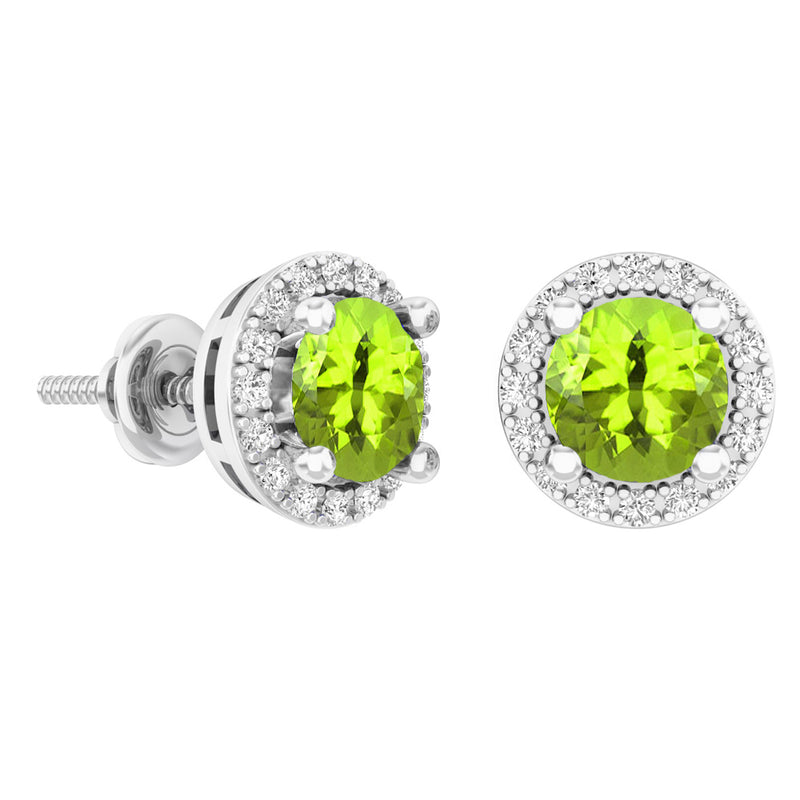 Green Peridot & White Diamond Stud Earrings in 10K White Gold, 2.00 CT