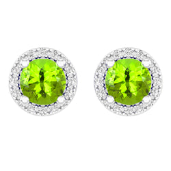 Green Peridot & White Diamond Stud Earrings in 10K White Gold, 2.00 CT