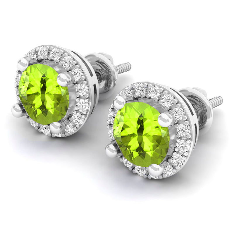 Green Peridot & White Diamond Stud Earrings in 10K White Gold, 2.00 CT