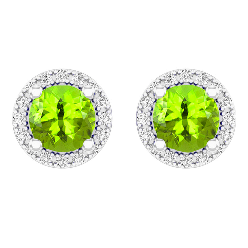 Green Peridot & White Diamond Stud Earrings in 10K White Gold, 2.00 CT