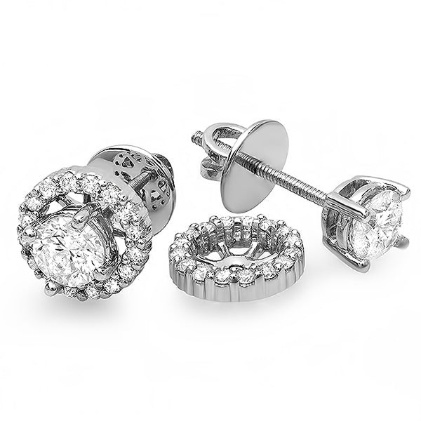 Round Diamond Stud Earrings in 14k White Gold with Removable Jackets, 1 CT