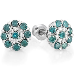 Round White & Blue Diamond Cluster Earrings in 14K White Gold, 1.25 CT