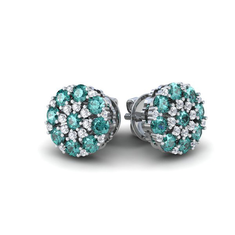 Round White & Blue Diamond Cluster Earrings in 14K White Gold, 1.25 CT