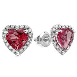 White Diamond Stud Earrings in 10k White Gold with Heart Rhodolite Garnet, 1.35 CT