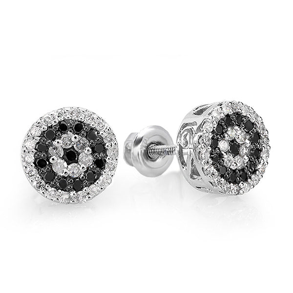 Round Cut Black & White Diamond Cluster Stud Earrings in 14K White Gold, 1/2 CT