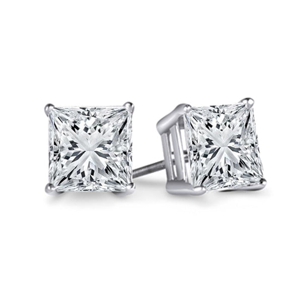 IGI Certified Princess Cut White Diamond Stud Earrings in 14K White Gold, 1 CT