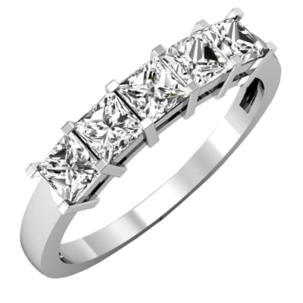 Princess Cut White Diamond 5 Stone Ring in 14K White Gold, 1.00 CT