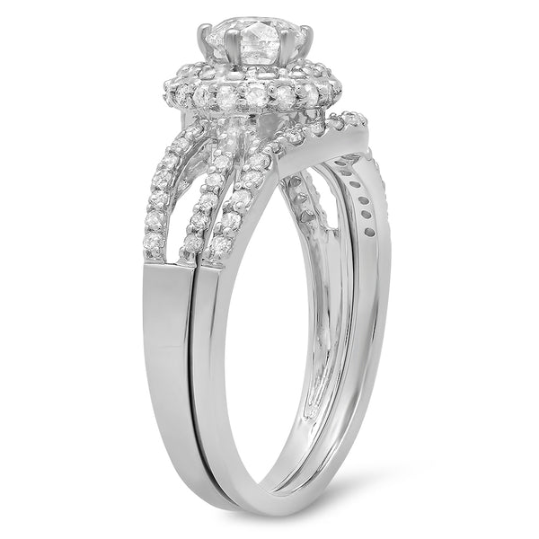 Diamond Halo Engagement Ring Set With Matching Band in 14K White Gold, 1.00 CT