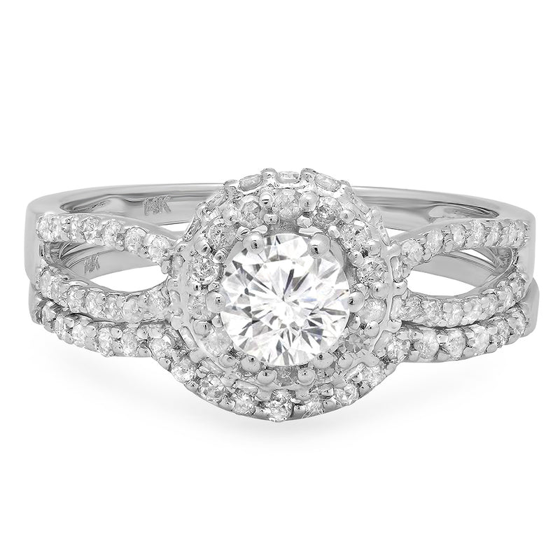 Diamond Halo Engagement Ring Set With Matching Band in 14K White Gold, 1.00 CT