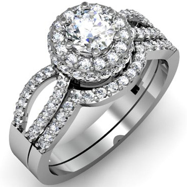 Diamond Halo Engagement Ring Set With Matching Band in 14K White Gold, 1.00 CT