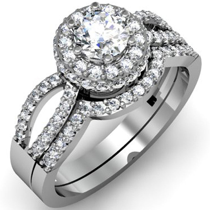 Diamond Halo Engagement Ring Set With Matching Band in 14K White Gold, 1.00 CT