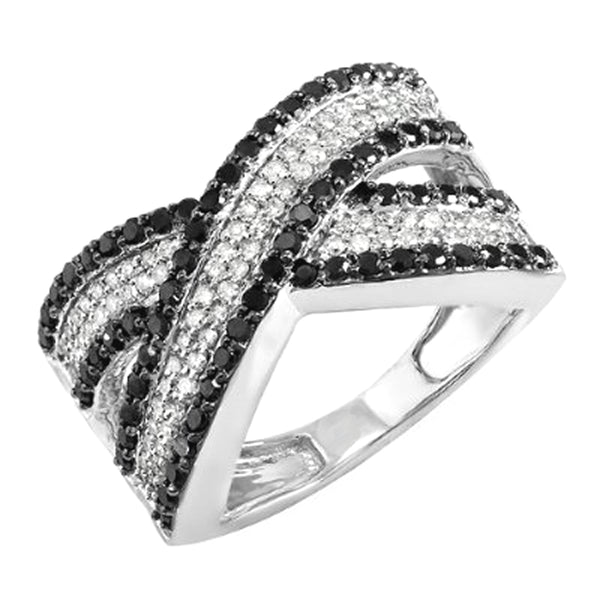 Black & White Diamond Ladies Cocktail Right Hand Ring in 18K White Gold, 1 CT
