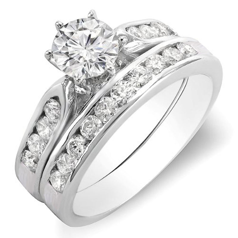 Round Diamond Engagement Ring Set With Matching Band in 18K White Gold, 1 CT