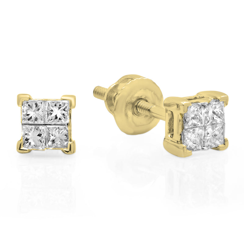 Princess Cut Diamond Invisible Stud Earrings in 18K Yellow Gold, 0.33 CT