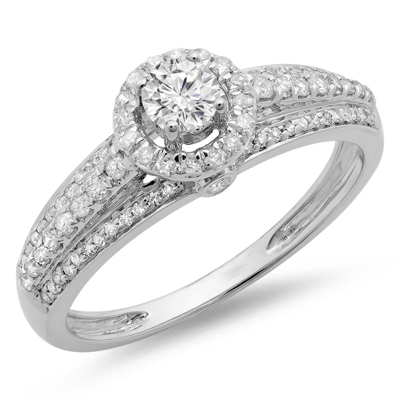 Round Cut Diamond Engagement Ring in 18K White Gold, 0.75 CT