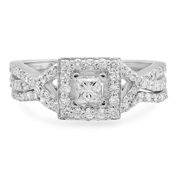 Princess Diamond Bridal Engagement Ring Matching Band Set in 18K White Gold, 1 CT