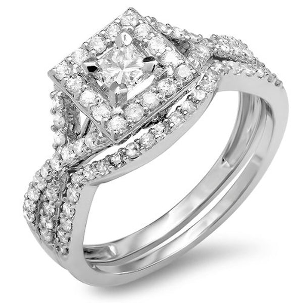 Princess Diamond Bridal Engagement Ring Matching Band Set in 18K White Gold, 1 CT