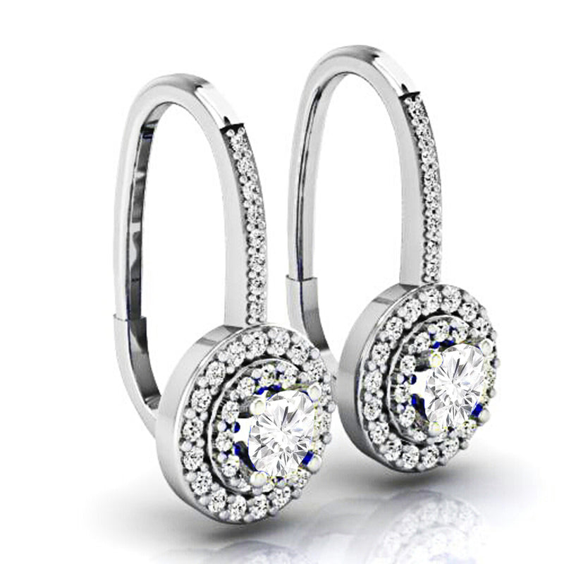 Round Cut Diamond Drop Earrings in 14K White Gold, 1.05 CT