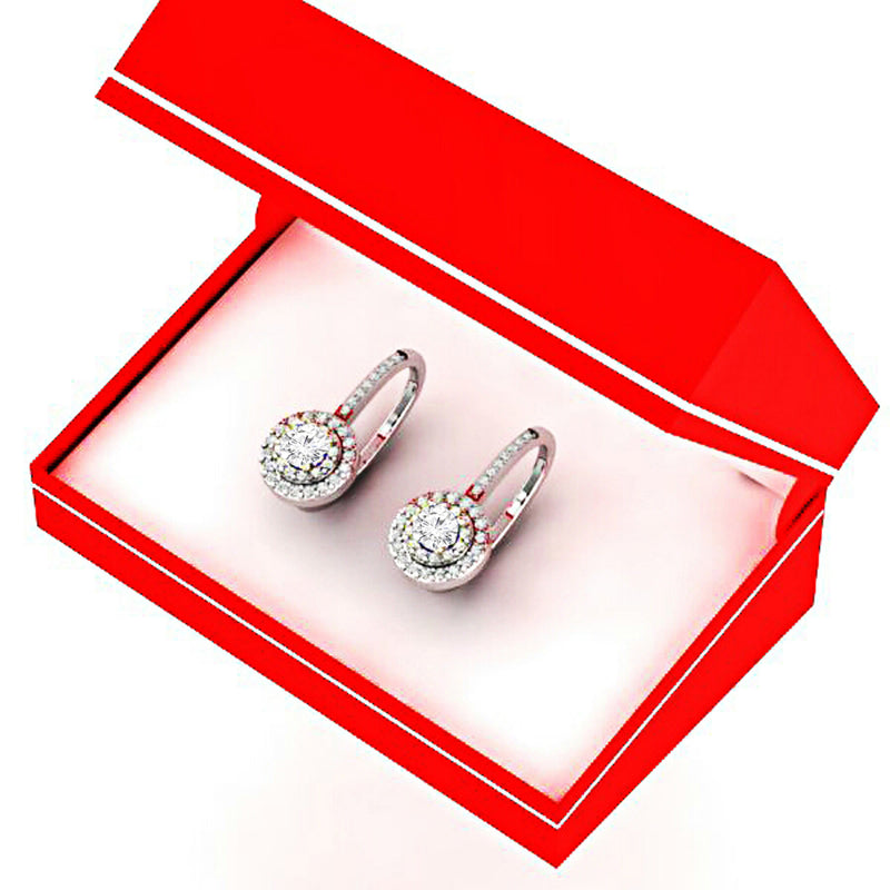 Round Cut Diamond Drop Earrings in 14K White Gold, 1.05 CT