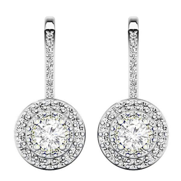 Round Cut Diamond Drop Earrings in 14K White Gold, 1.05 CT