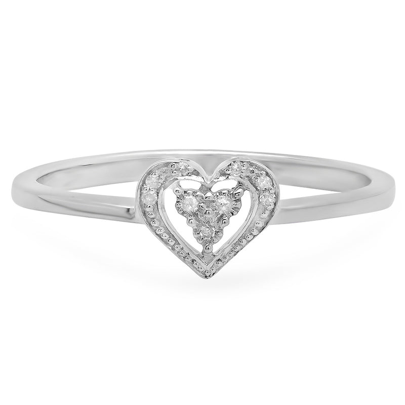 Round Cut Real Diamond Heart Shaped Promise Ring in Sterling Silver, 3/50 CT