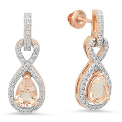 Morganite & White Diamond Dangling Drop Earrings in 14K Rose Gold, 1.80 CT