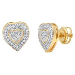 Round Cut White Diamond Ladies Micro Pave Heart Shape Stud Earrings in 14K Yellow Gold, 0.16 CT