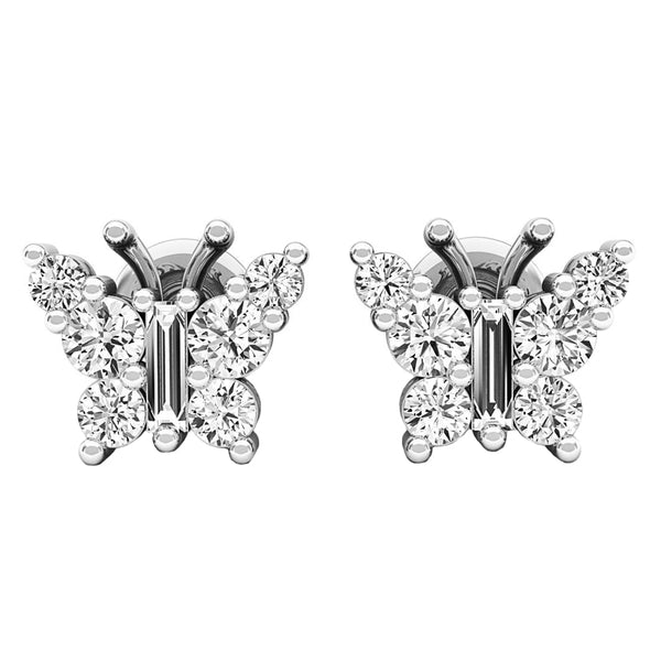 Round & Baguette Cut Diamond Butterfly Stud Earrings in 14K White Gold, 1/2 CT