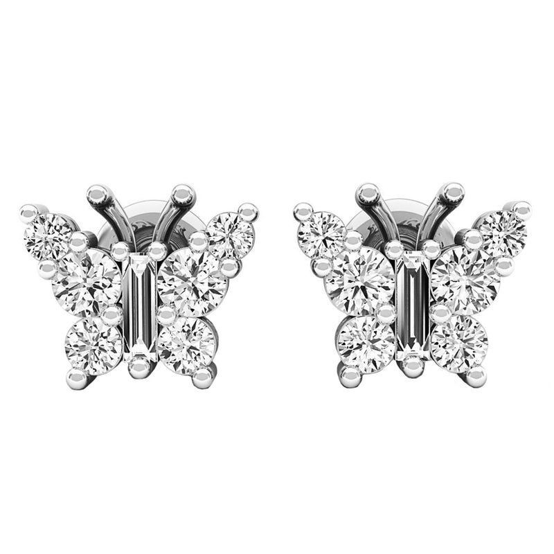 Round & Baguette Cut Diamond Butterfly Stud Earrings in 14K White Gold, 1/2 CT