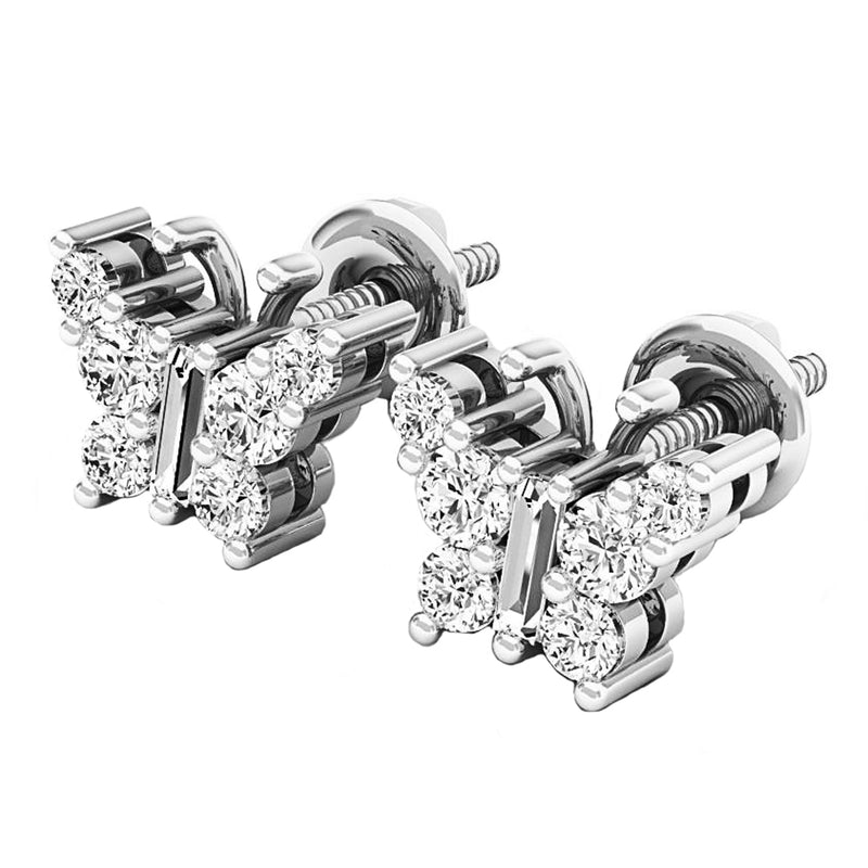 Round & Baguette Cut Diamond Butterfly Stud Earrings in 14K White Gold, 1/2 CT