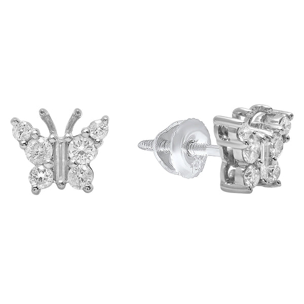 Round & Baguette Cut Diamond Butterfly Stud Earrings in 14K White Gold, 1/2 CT