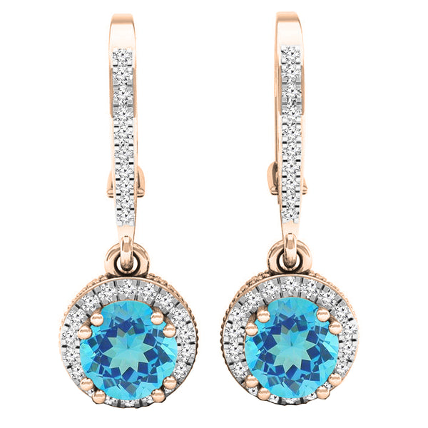 Blue Topaz & Diamond Dangling Drop Earrings in 18K Rose Gold, 0.35 CT