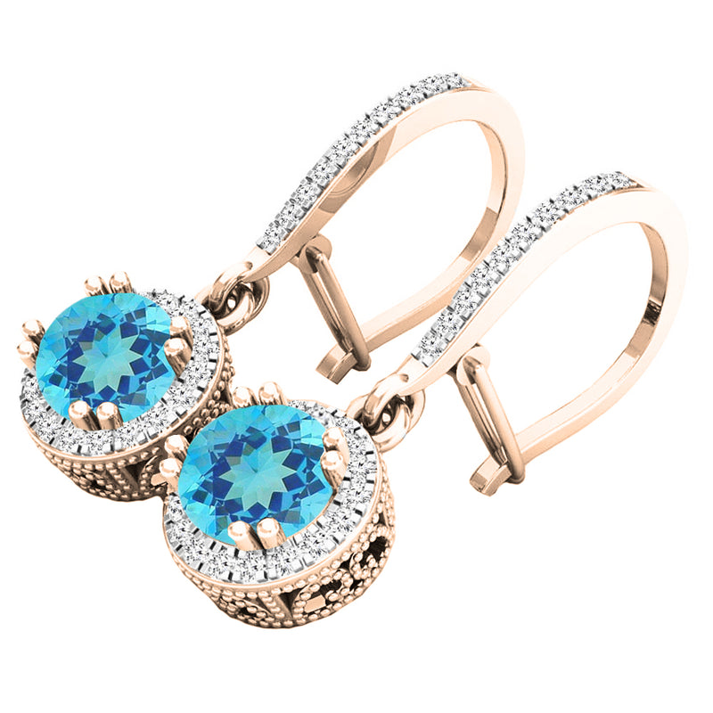 Blue Topaz & Diamond Dangling Drop Earrings in 18K Rose Gold, 0.35 CT