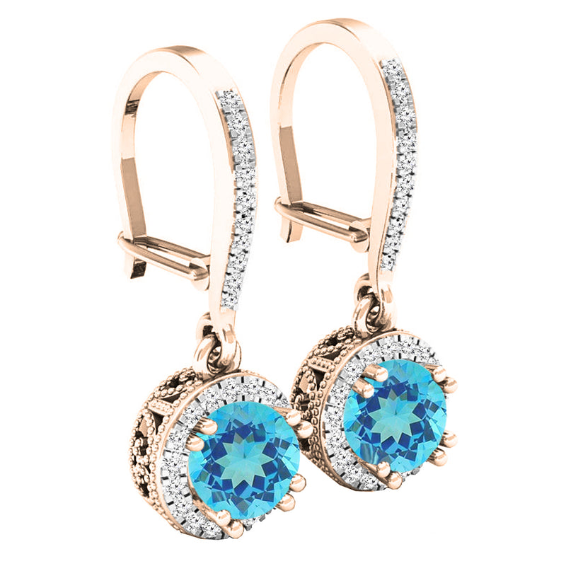 Blue Topaz & Diamond Dangling Drop Earrings in 18K Rose Gold, 0.35 CT