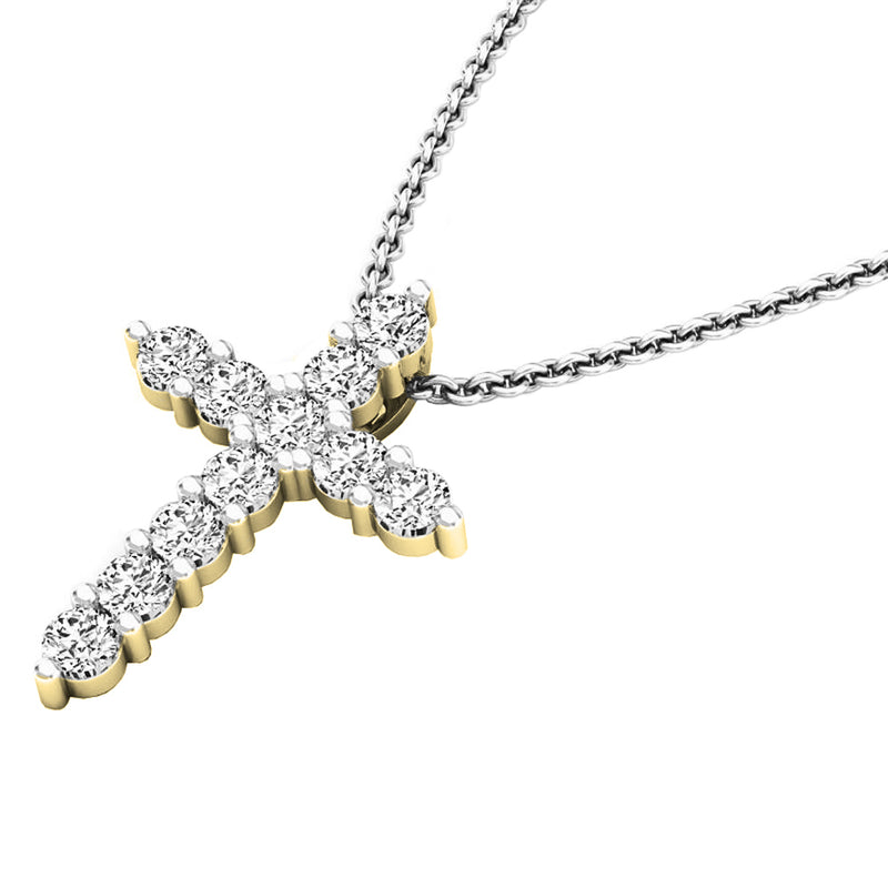 Round Diamond Cross Pendant in 18K Yellow Gold, 0.95 CT