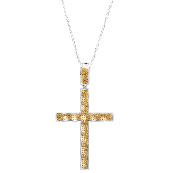 Yellow Diamond Cross Pendant in 18K White Gold, 0.80 CT