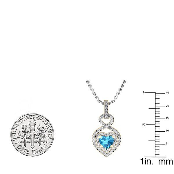 5 MM Heart Cut Blue Topaz & Round Diamond Heart Pendant in 18K Yellow Gold, 0.23 CT (Silver Chain Included)