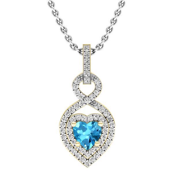 5 MM Heart Cut Blue Topaz & Round Diamond Heart Pendant in 18K Yellow Gold, 0.23 CT (Silver Chain Included)