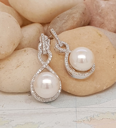 White Freshwater Pearl & Diamond Drop Earrings