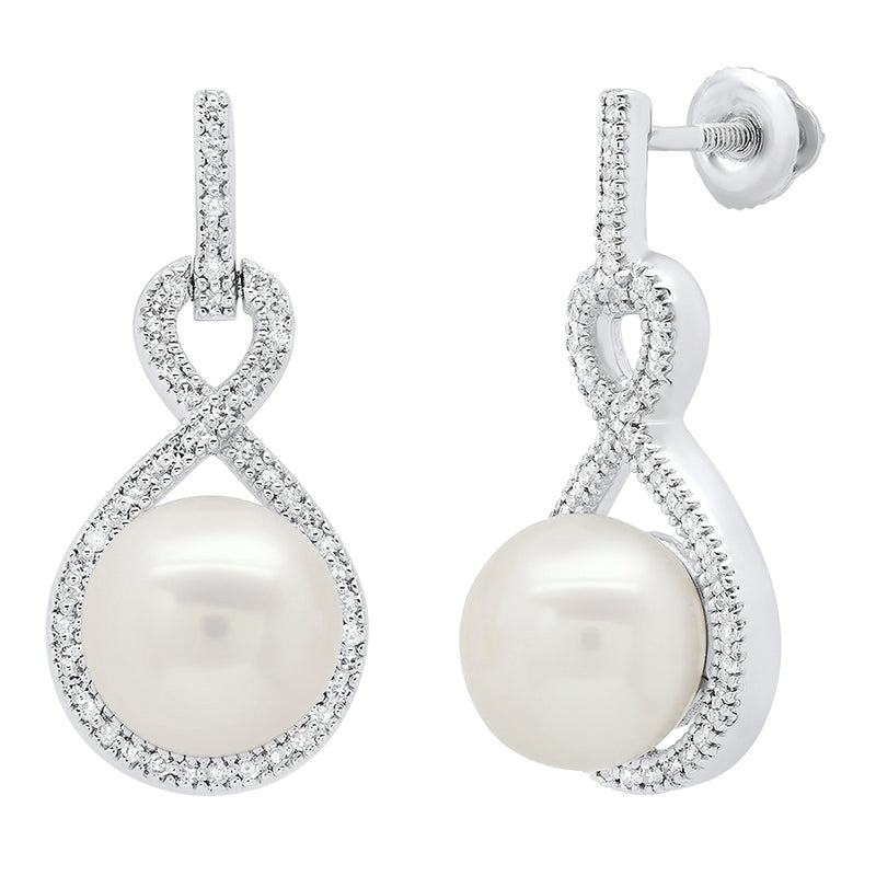 White Freshwater Pearl & Diamond Drop Earrings