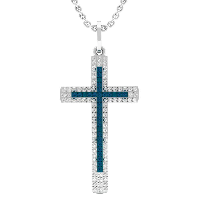 Round White and Blue Diamond Ladies Cross Pendant in 14K White Gold, 1/4 CT