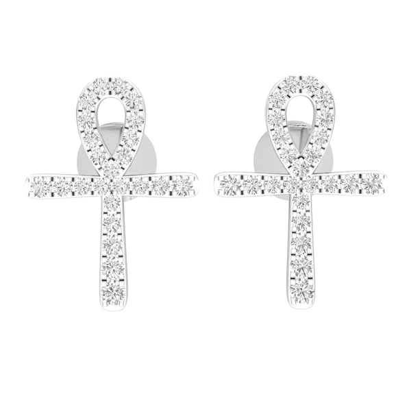 White Diamond Ladies Cross Stud Earrings in Sterling Silver, 1/4 CT